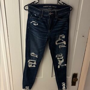 American Eagle Outfitters Women's Ripped Dark Blue High Rise Skinny Jeans